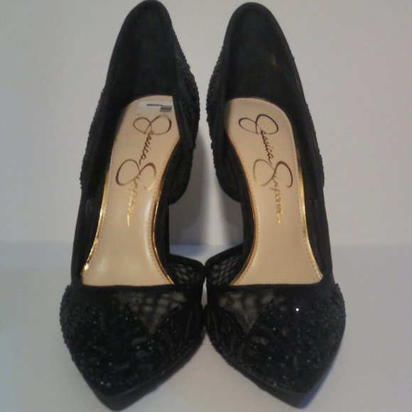 JESSICA SIMPSON 7 BLACK MESH SPARKLY RHINESTONE STILETTO HEELS holiday Christmas - Picture 7 of 16